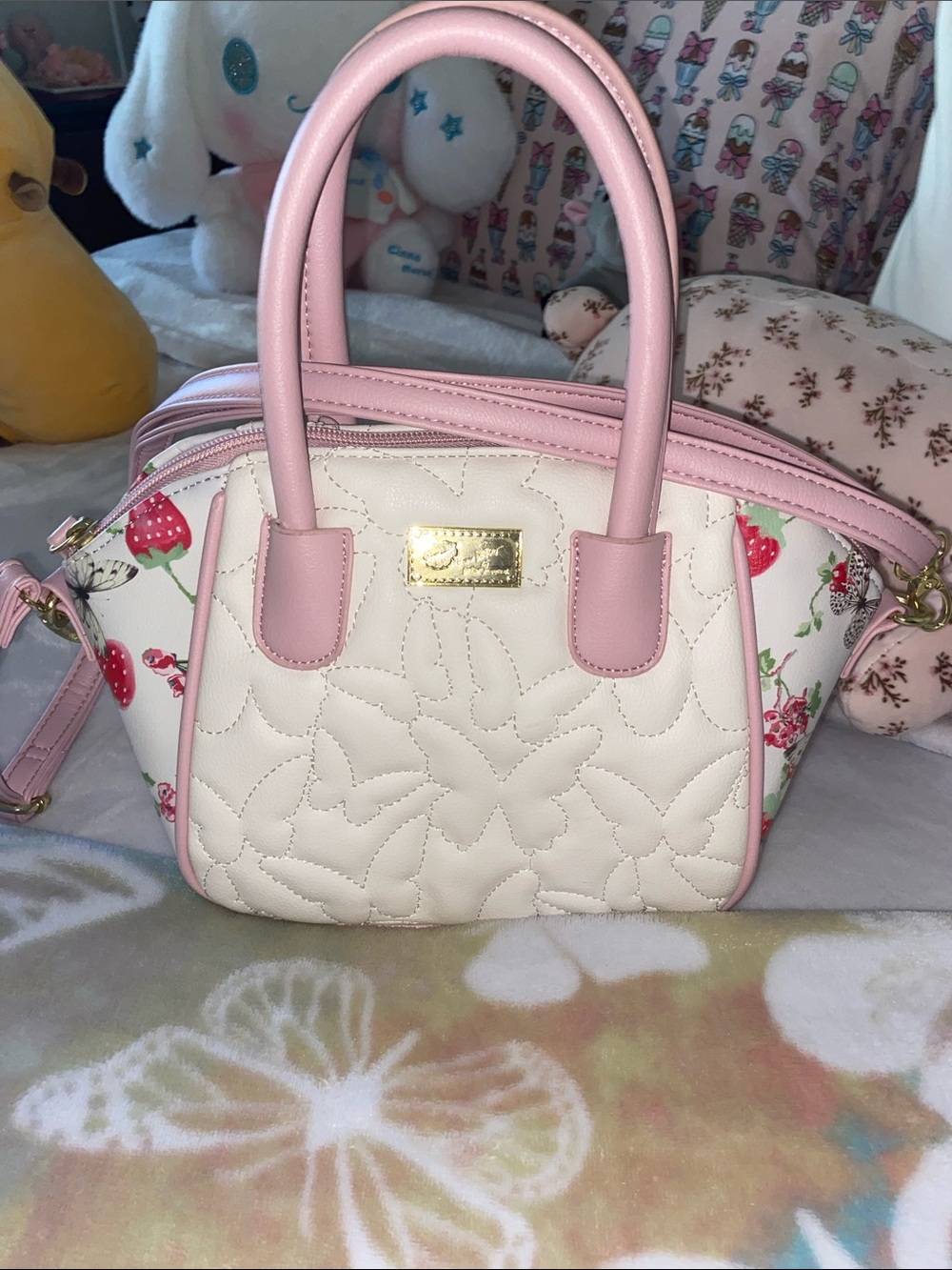 Betsy Johnson Pink & Cream strawberry butterfly Satchel